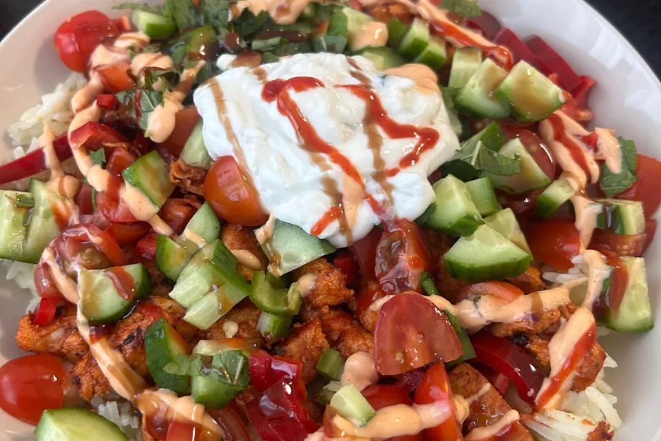 Chicken taco rice bowl with chilli-honey yogurt